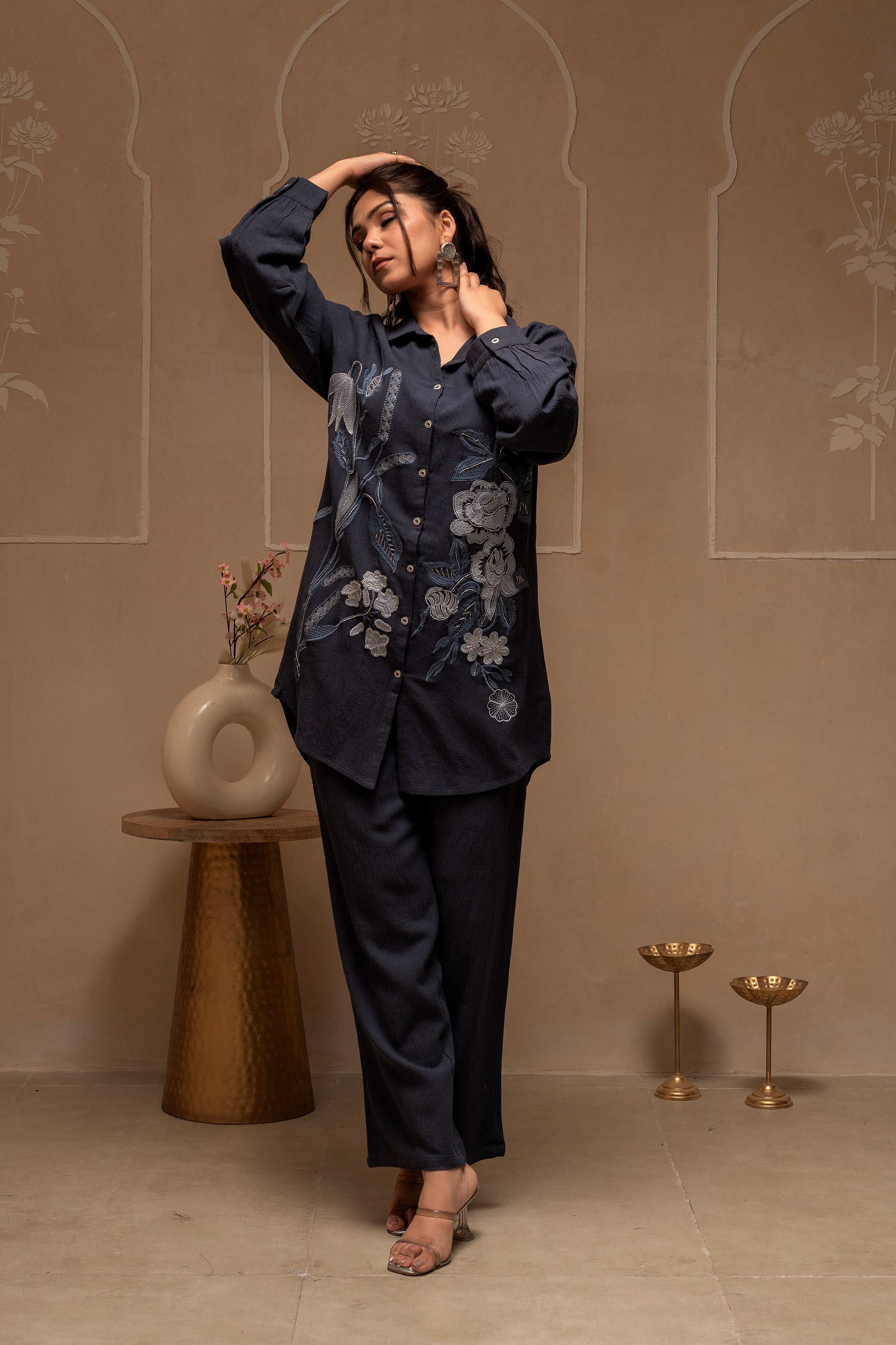 Juniper Grey Embroidered Viscose Co-Ord Set With Thread Work Detailing