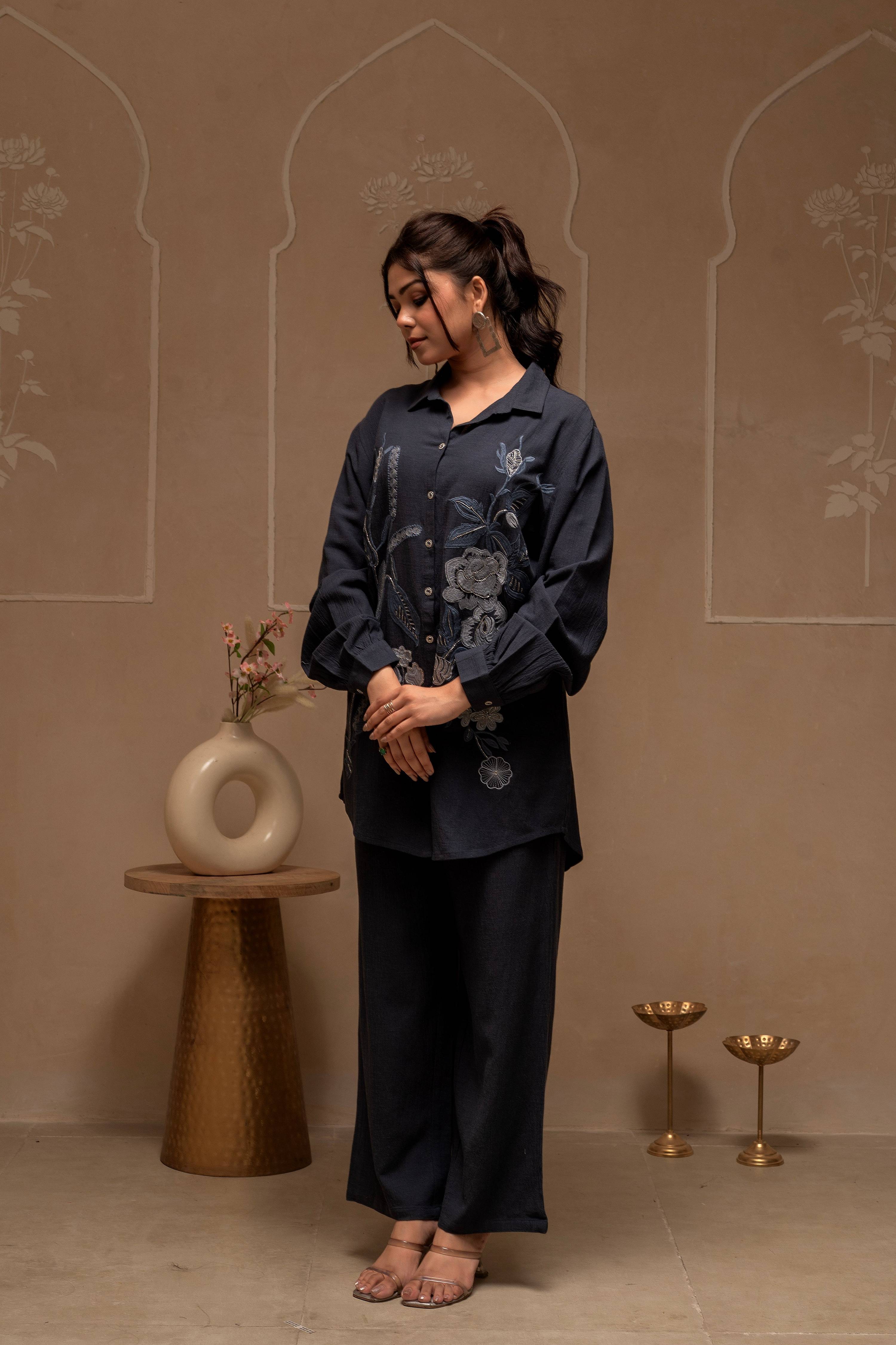 Juniper Grey Embroidered Viscose Co-Ord Set With Thread Work Detailing