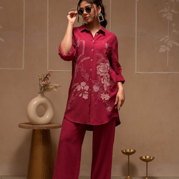 Juniper Rose Pink Embroidered Viscose Co-Ord Set With Thread Work Detailing