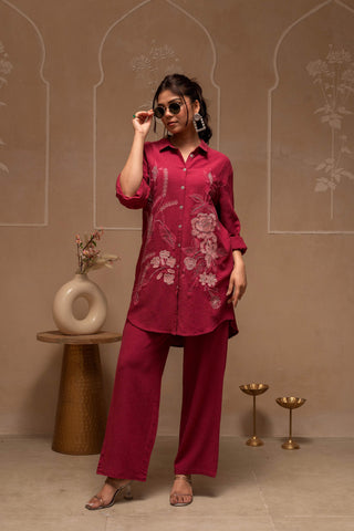 Juniper Rose Pink Embroidered Viscose Co-Ord Set With Thread Work Detailing