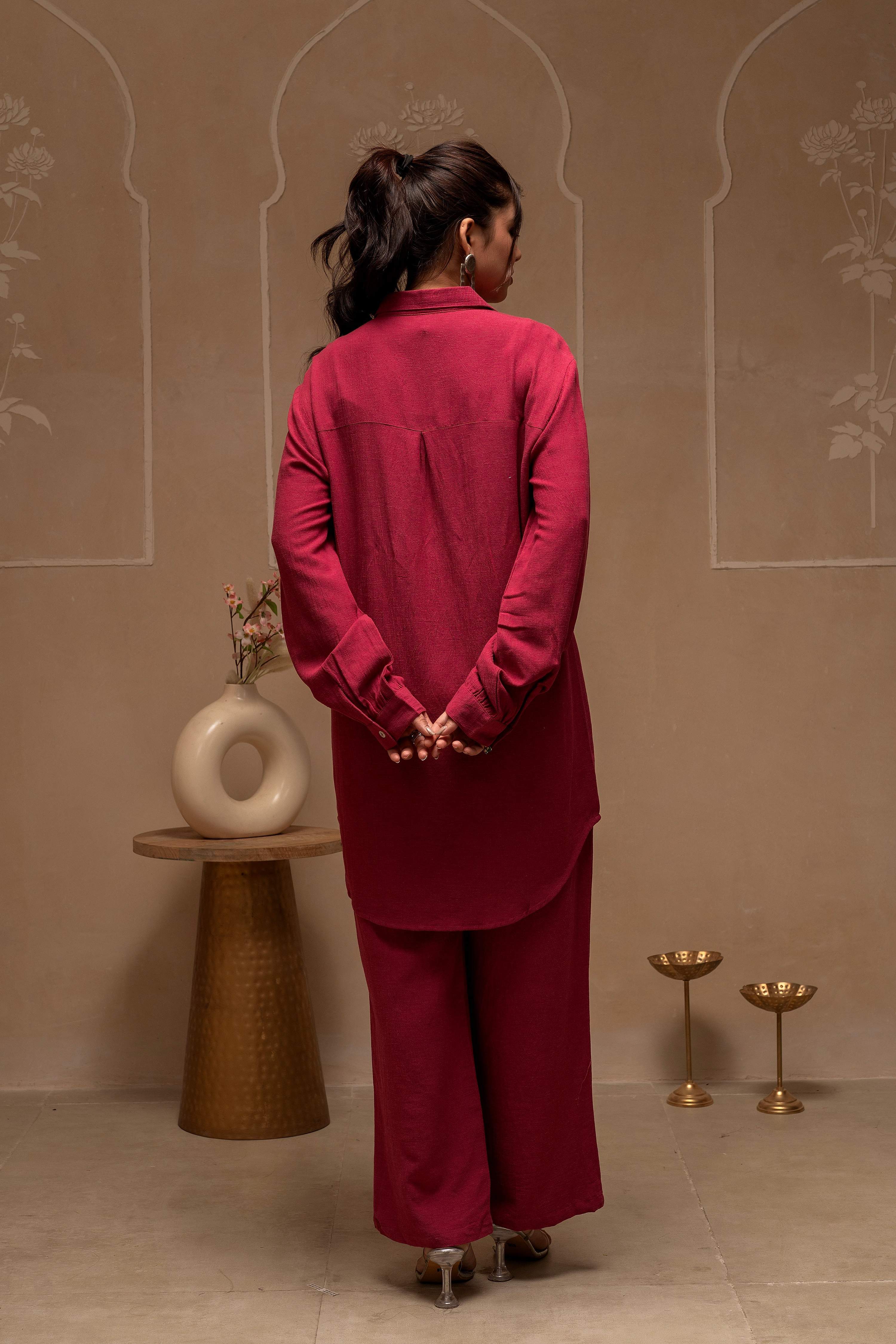 Juniper Rose Pink Embroidered Viscose Co-Ord Set With Thread Work Detailing