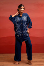 Thumbnail for Juniper Viscose Linen Indigo Embroidered Shirt And Pant Co-Ord Set With Thread Work