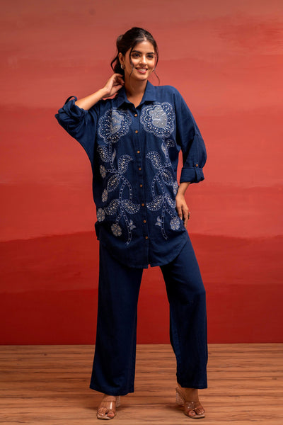 Juniper Viscose Linen Indigo Embroidered Shirt And Pant Co-Ord Set With Thread Work