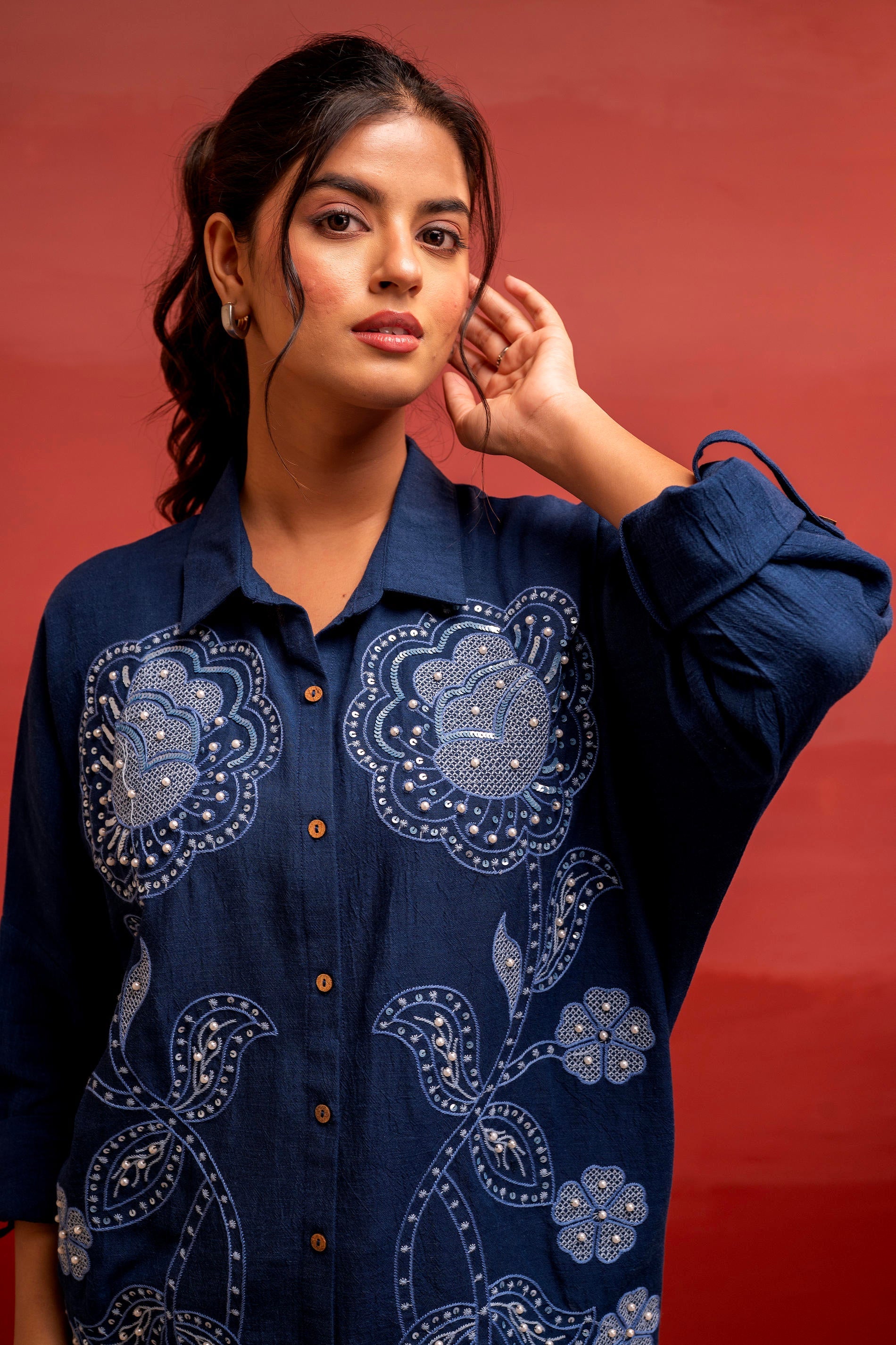 Juniper Viscose Linen Indigo Embroidered Shirt And Pant Co-Ord Set With Thread Work