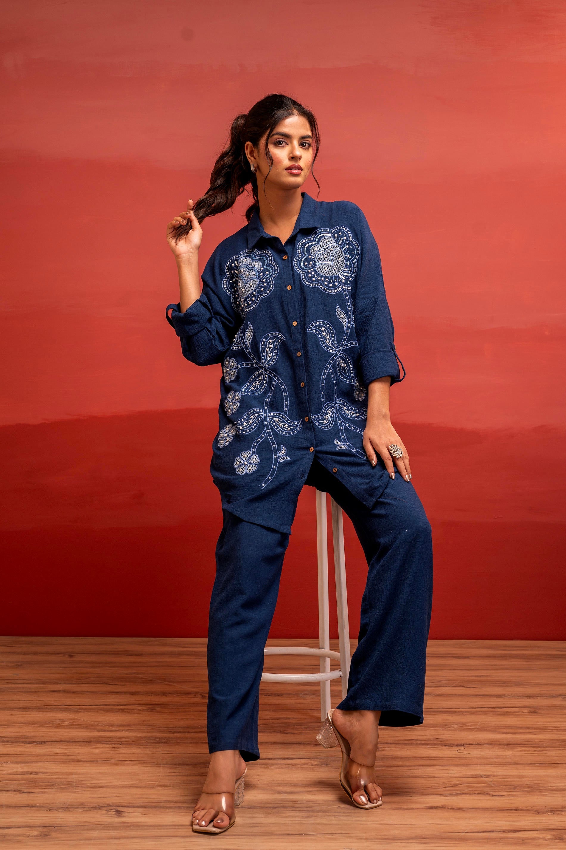 Juniper Viscose Linen Indigo Embroidered Shirt And Pant Co-Ord Set With Thread Work