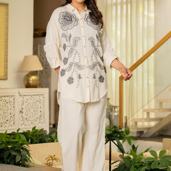 Juniper Off-White Embroidered Viscose-Linen Co-Ord Set With Bead & Thread Work