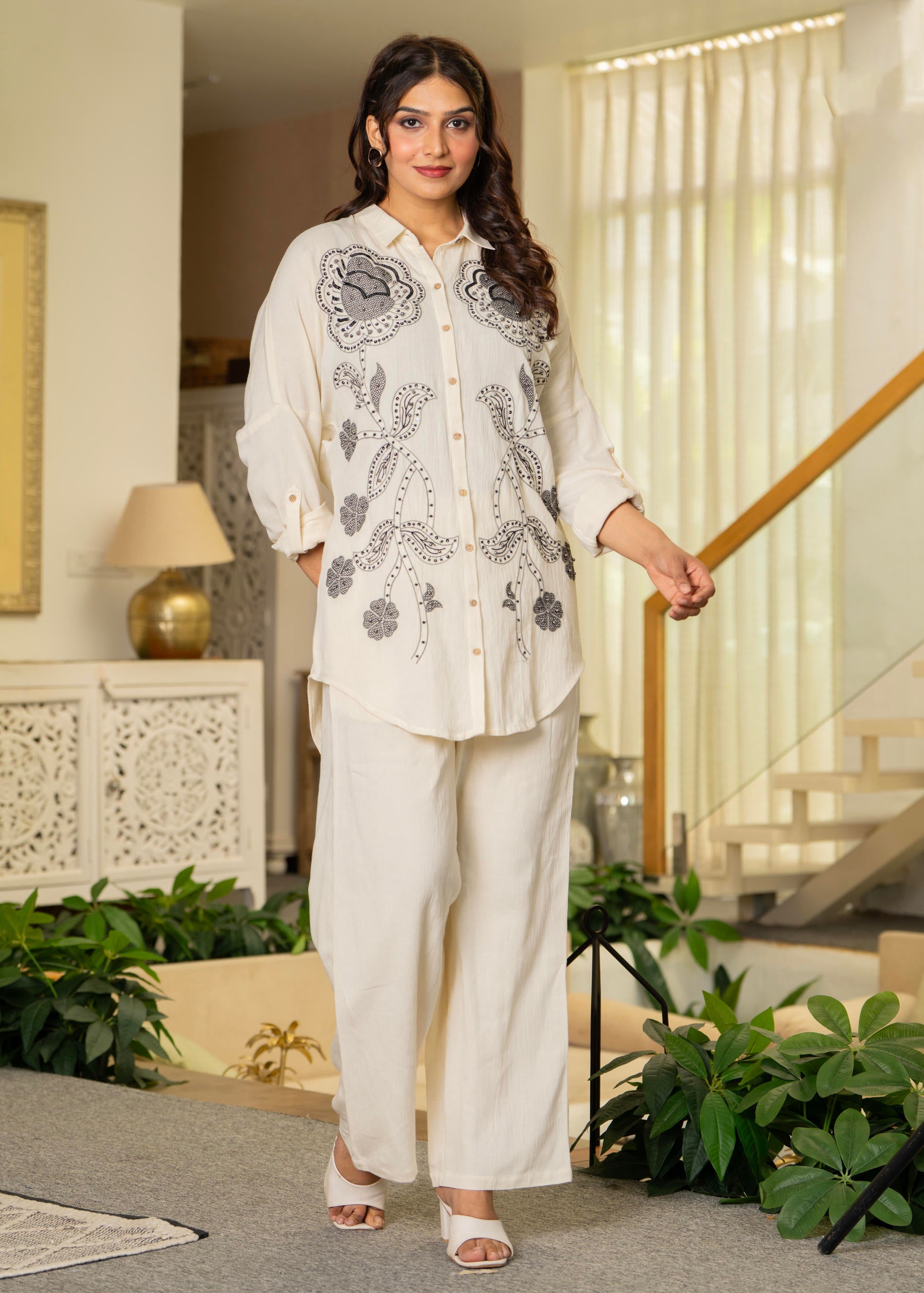 Juniper Off-White Embroidered Viscose-Linen Co-Ord Set With Bead & Thread Work
