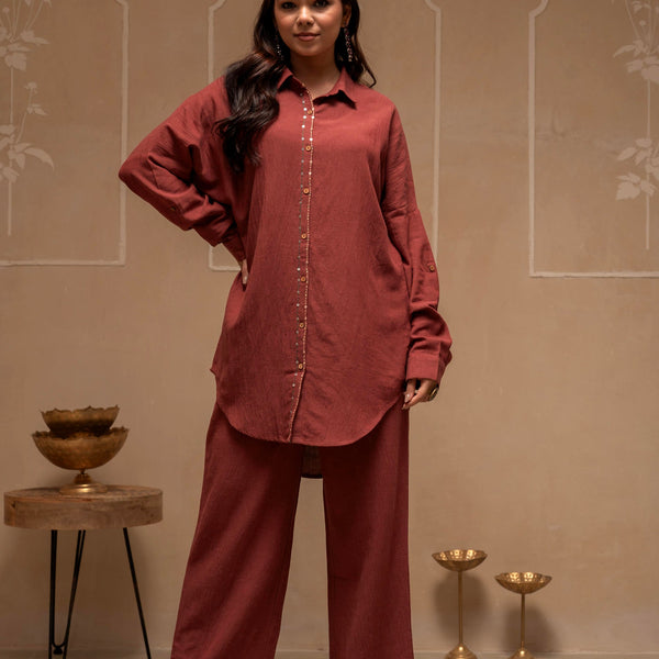 Juniper Brown Embellished Viscose-Linen Co-Ord Set With Sequin Detailing