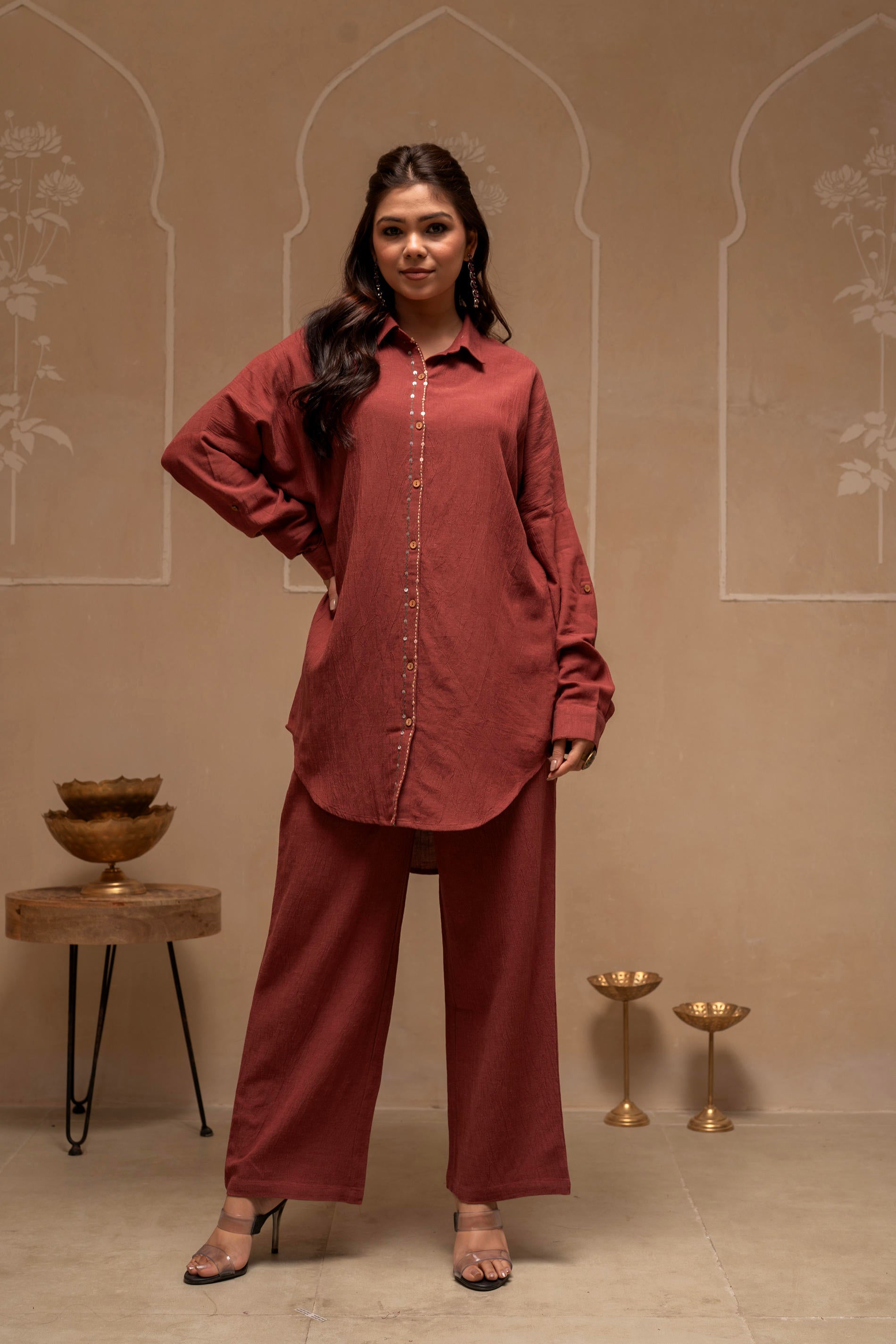 Juniper Brown Embellished Viscose-Linen Co-Ord Set With Sequin Detailing - Distacart