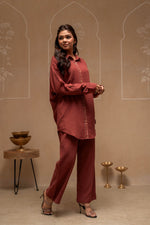 Thumbnail for Juniper Brown Embellished Viscose-Linen Co-Ord Set With Sequin Detailing
