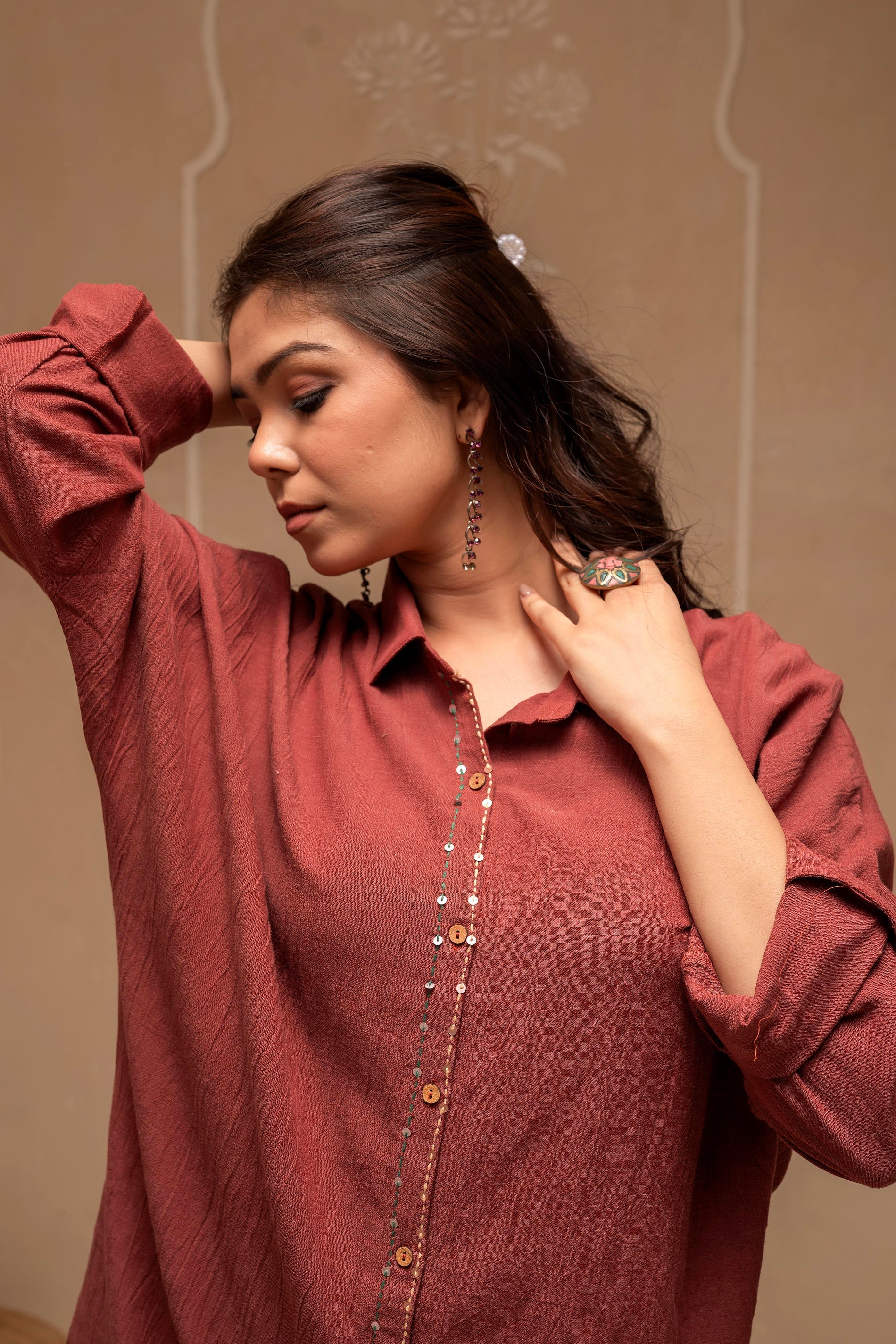 Juniper Brown Embellished Viscose-Linen Co-Ord Set With Sequin Detailing