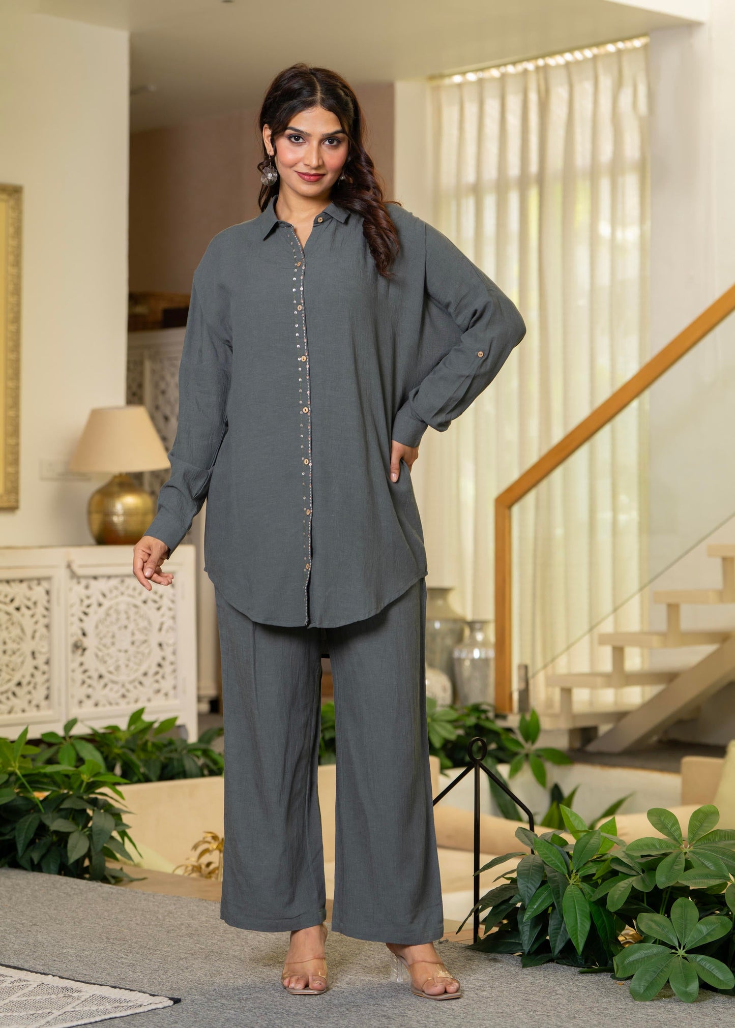 Juniper Grey Embellished Viscose-Linen Co-Ord Set With Sequin Detailing - Distacart