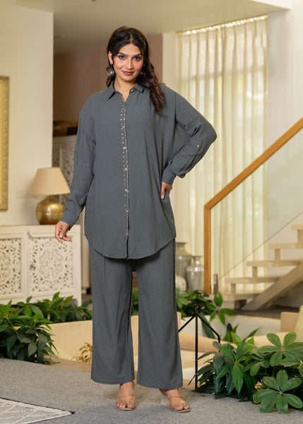 Juniper Grey Embellished Viscose-Linen Co-Ord Set With Sequin Detailing
