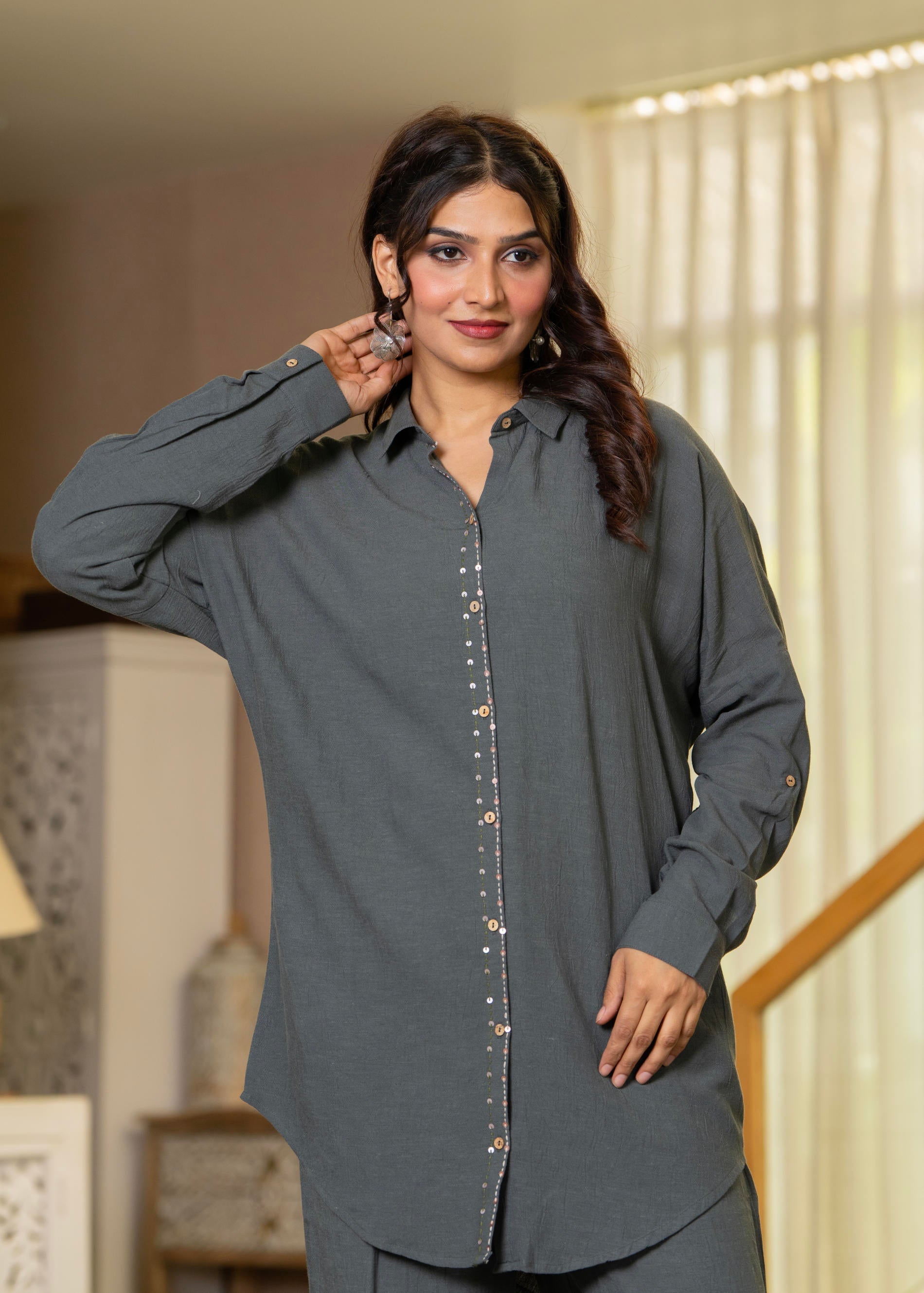 Juniper Grey Embellished Viscose-Linen Co-Ord Set With Sequin Detailing