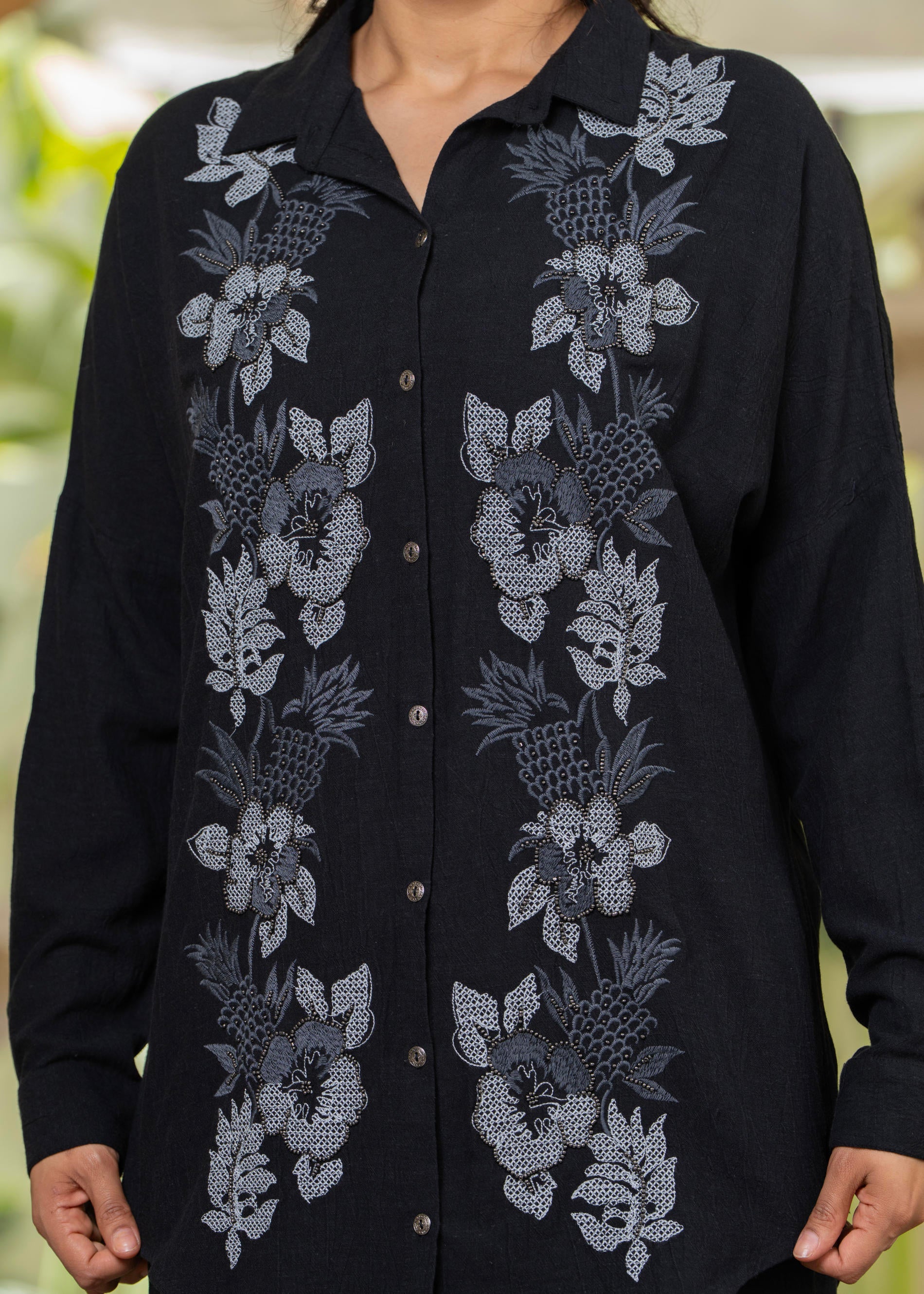 Juniper Viscose Linen Black Embroidered Shirt And Pant Co-Ord Set With Thread Work