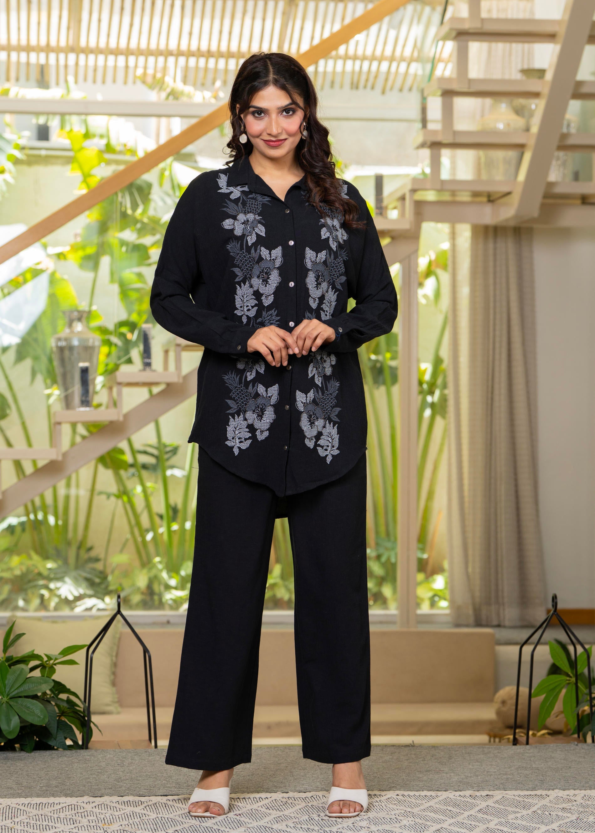 Juniper Viscose Linen Black Embroidered Shirt And Pant Co-Ord Set With Thread Work
