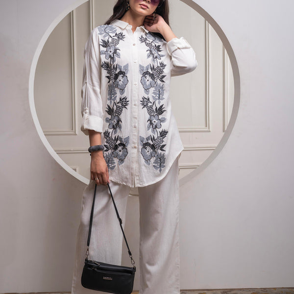 Juniper Viscose Linen Off White Embroidered Shirt And Pant Co-Ord Set With Thread Work