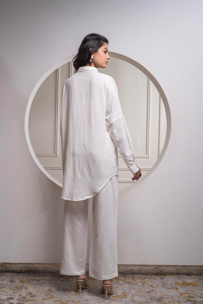 Juniper Viscose Linen Off White Embroidered Shirt And Pant Co-Ord Set With Thread Work - Distacart