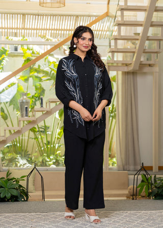 Juniper Black Embroidered Viscose Co-Ord Set With Beads & Sequin Highlights