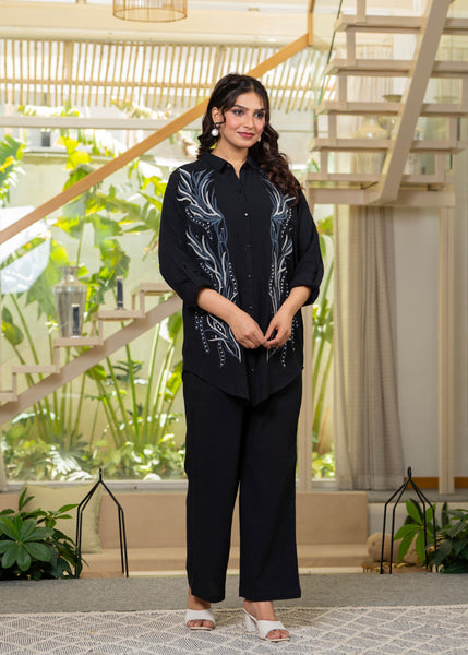 Juniper Black Embroidered Viscose Co-Ord Set With Beads & Sequin Highlights