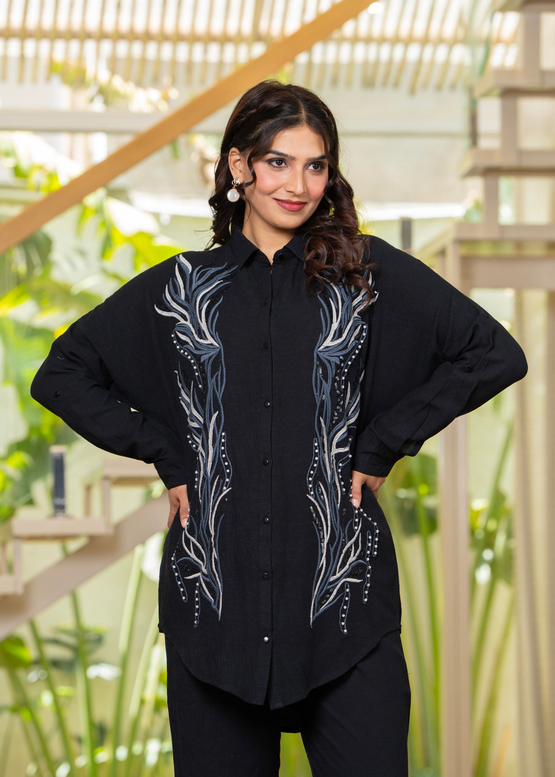 Juniper Black Embroidered Viscose Co-Ord Set With Beads & Sequin Highlights