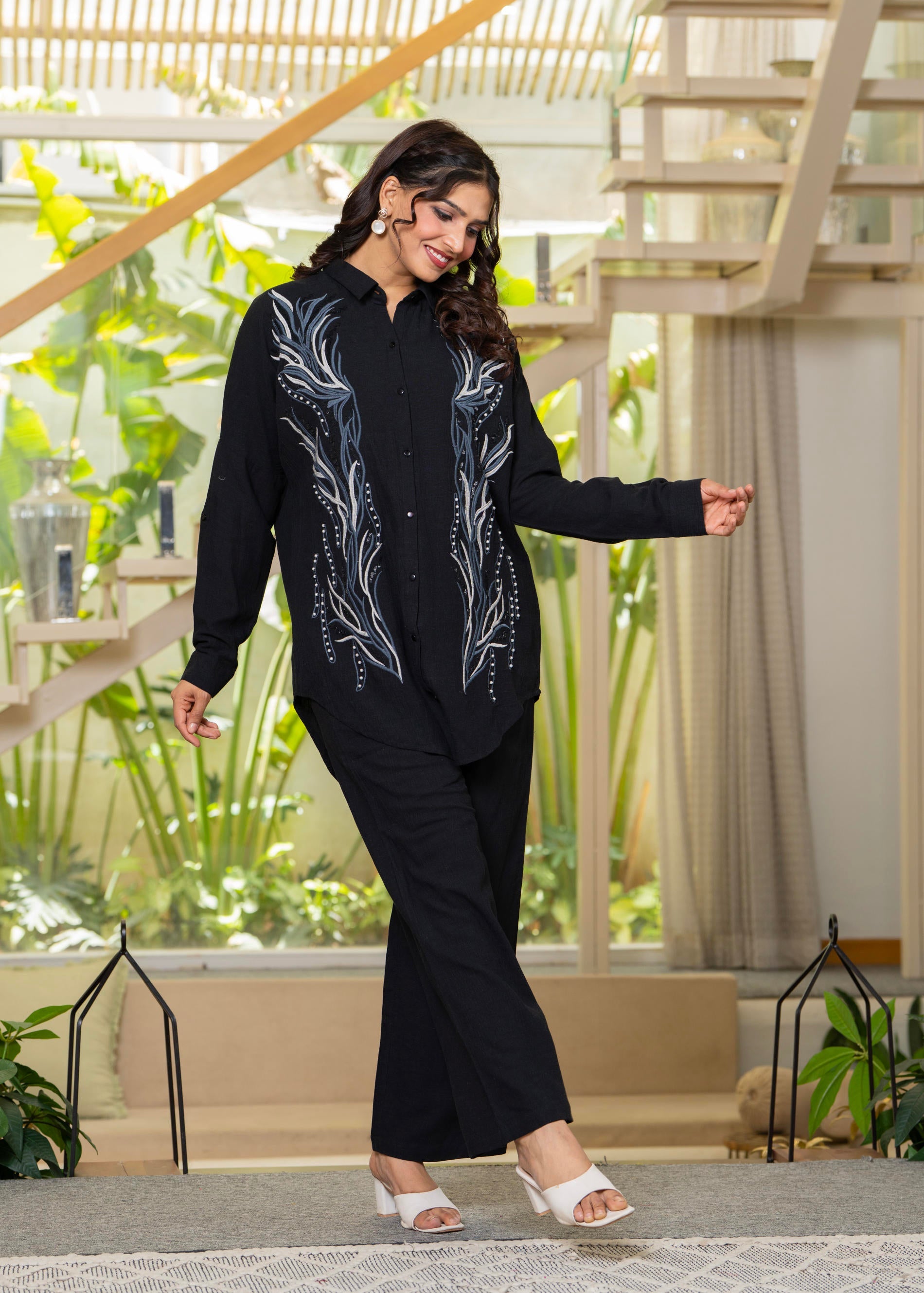 Juniper Black Embroidered Viscose Co-Ord Set With Beads & Sequin Highlights