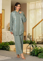 Thumbnail for Juniper Sage Green Embroidered Viscose Co-Ord Set With Beads & Sequin Accents