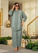 Thumbnail for Juniper Sage Green Embroidered Viscose Co-Ord Set With Beads & Sequin Accents