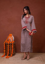 Thumbnail for Juniper Beige Embroidered A-Line Kurta With Mirror & Thread Work - Distacart