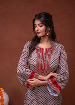 Thumbnail for Juniper Beige Embroidered A-Line Kurta With Mirror & Thread Work - Distacart