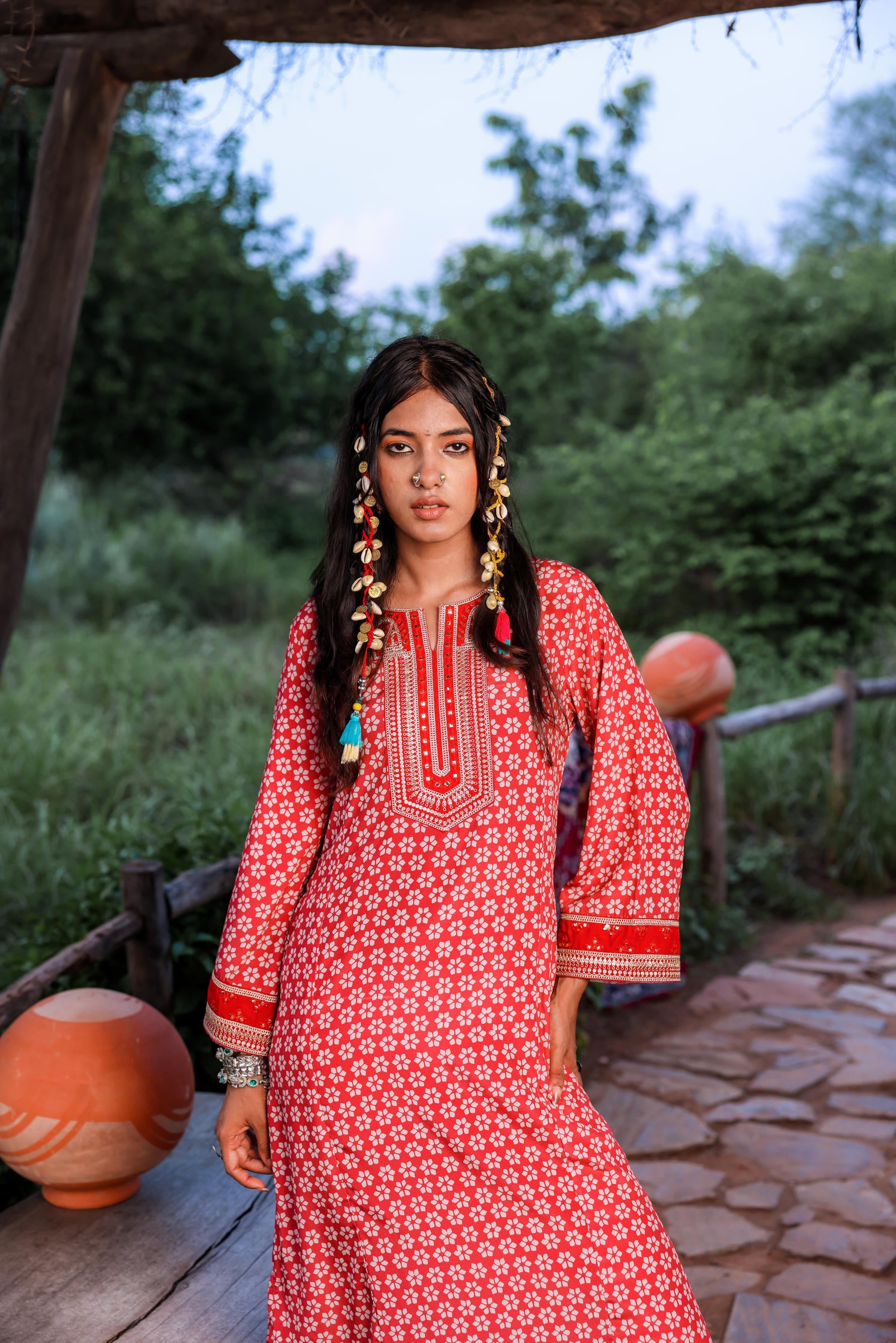 Juniper Red Embroidered A-Line Kurta With Mirror & Thread Work
