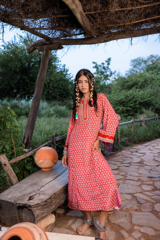 Juniper Red Embroidered A-Line Kurta With Mirror & Thread Work