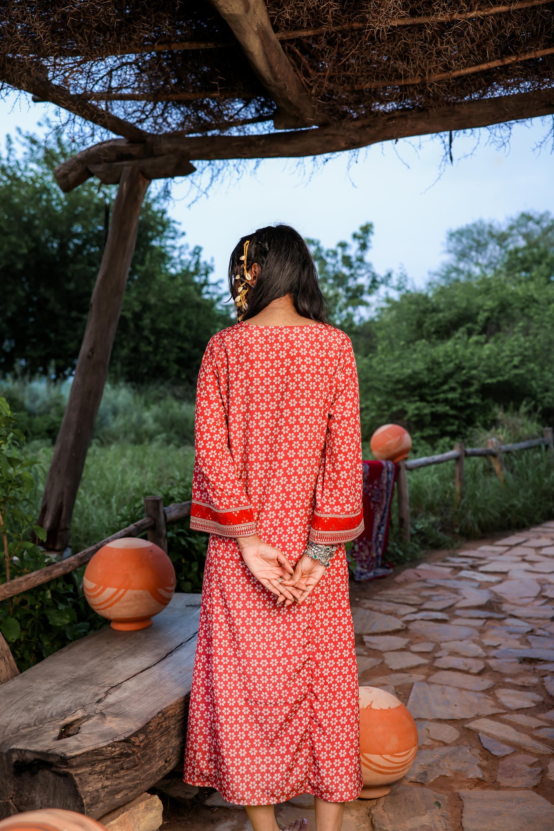 Juniper Red Embroidered A-Line Kurta With Mirror & Thread Work