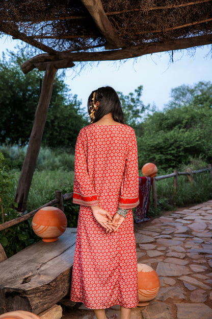 Juniper Red Embroidered A-Line Kurta With Mirror & Thread Work - Distacart