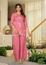 Thumbnail for Juniper Dusty Pink Solid Viscose Tunic And Pants Co-Ord Set With Thread Work And Sequence - Distacart
