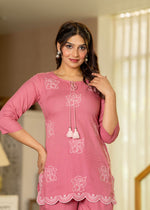 Thumbnail for Juniper Dusty Pink Solid Viscose Tunic And Pants Co-Ord Set With Thread Work And Sequence - Distacart