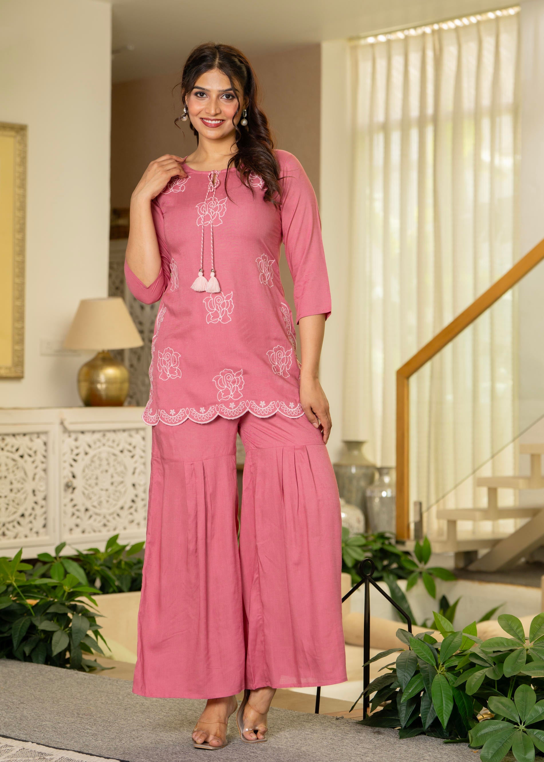 Juniper Dusty Pink Solid Viscose Tunic And Pants Co-Ord Set With Thread Work And Sequence - Distacart