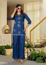 Thumbnail for Juniper Navy Solid Viscose Tunic And Pants Co-Ord Set With Thread Work And Sequence