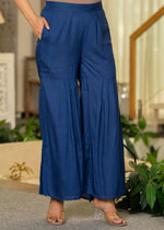 Thumbnail for Juniper Navy Solid Viscose Tunic And Pants Co-Ord Set With Thread Work And Sequence