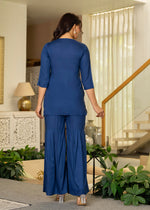 Thumbnail for Juniper Navy Solid Viscose Tunic And Pants Co-Ord Set With Thread Work And Sequence