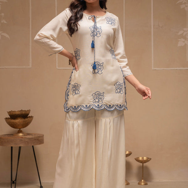 Juniper Off White Solid Viscose Tunic And Pants Co-Ord Set With Thread Work And Sequence