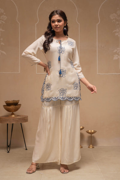 Juniper Off White Solid Viscose Tunic And Pants Co-Ord Set With Thread Work And Sequence