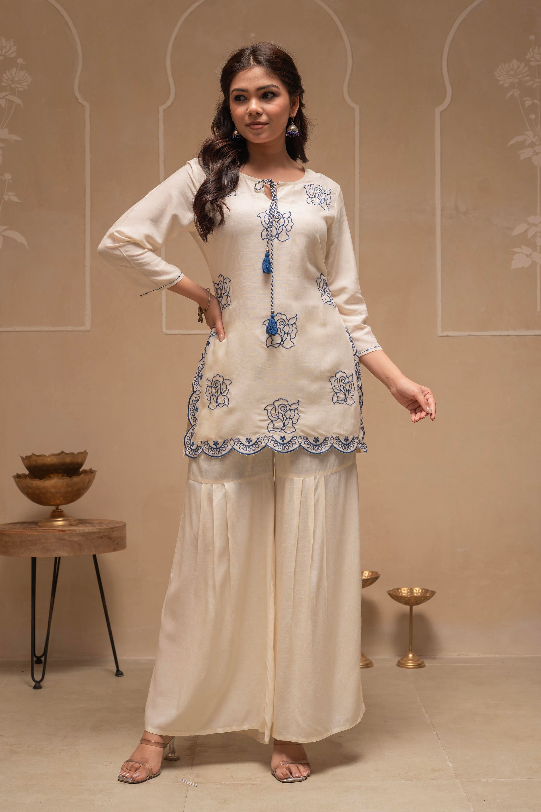 Juniper Off White Solid Viscose Tunic And Pants Co-Ord Set With Thread Work And Sequence