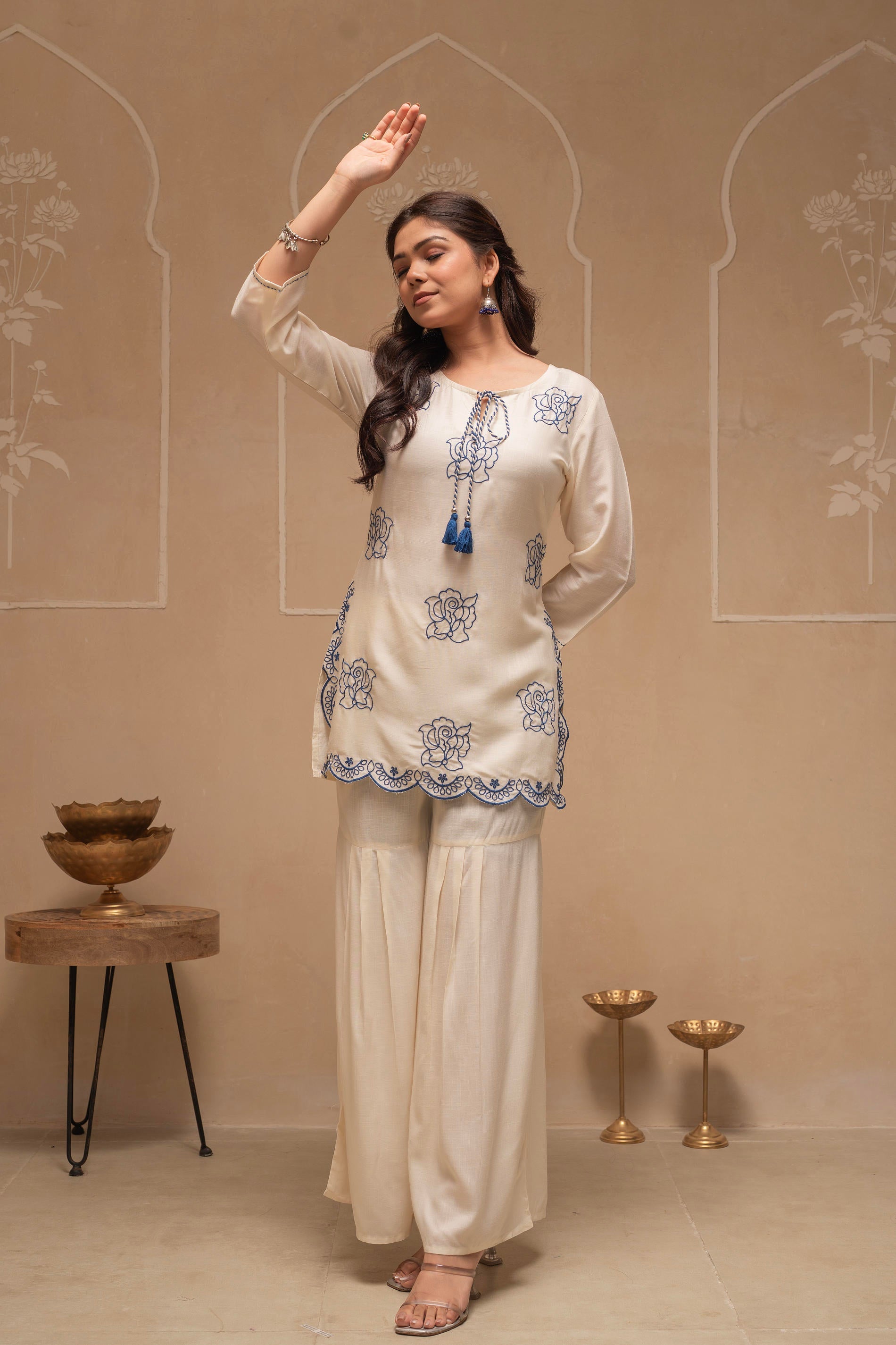 Juniper Off White Solid Viscose Tunic And Pants Co-Ord Set With Thread Work And Sequence