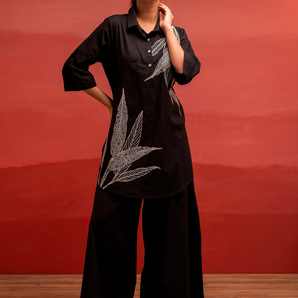 Juniper Black Solid Cotton Shirt And Pants Co-Ord Set With Thread Work