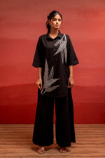 Thumbnail for Juniper Black Solid Cotton Shirt And Pants Co-Ord Set With Thread Work