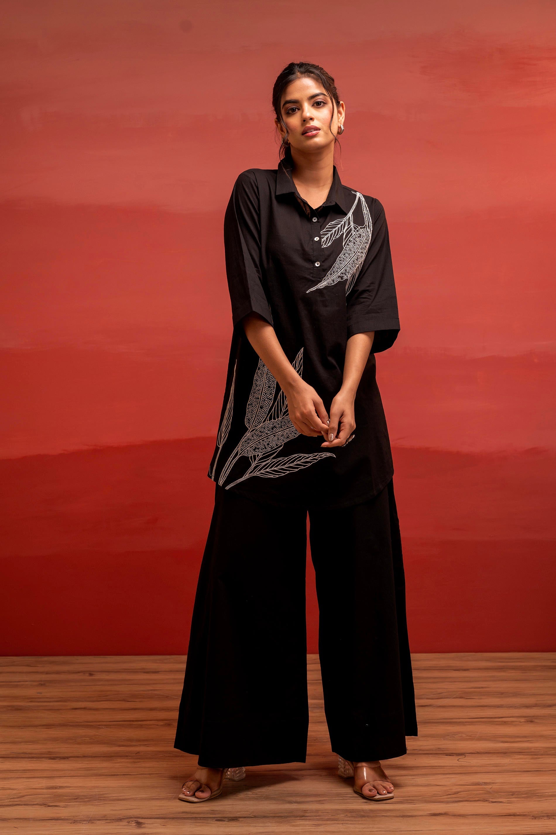 Juniper Black Solid Cotton Shirt And Pants Co-Ord Set With Thread Work