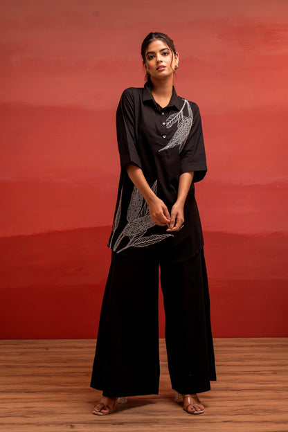 Juniper Black Solid Cotton Shirt And Pants Co-Ord Set With Thread Work - Distacart