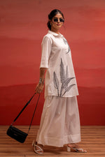 Thumbnail for Juniper Off-White Leaf Printed Co-Ord Set With Collared Tunic & Wide-Leg Pant