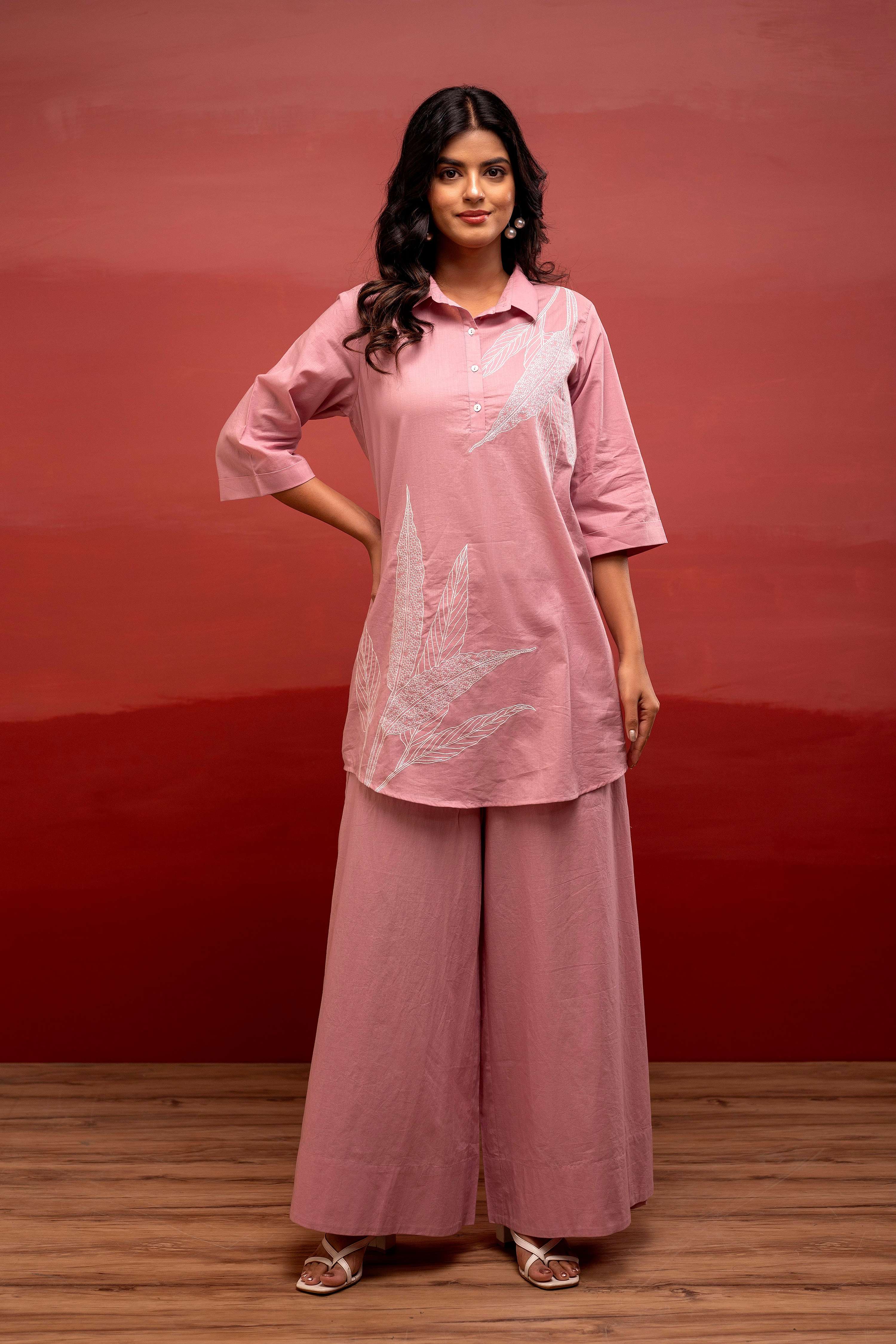 Juniper Onion Pink Solid Cotton Shirt And Pants Co-Ord Set With Thread Work